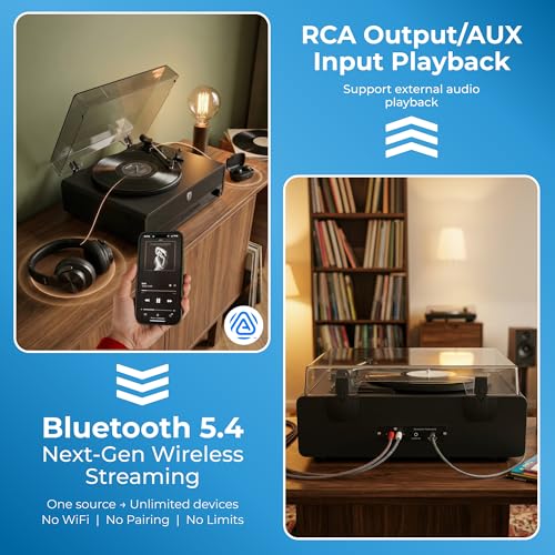 Image of Philips Record Player, All-in-One Bluetooth Turntable with Built-in Speakers, 3-Speed Belt-Drive Vinyl Record Player, Audio-Technica Stylus, Wireless Streaming in & Out, RCA /AUX /Headphone, Auto-Stop