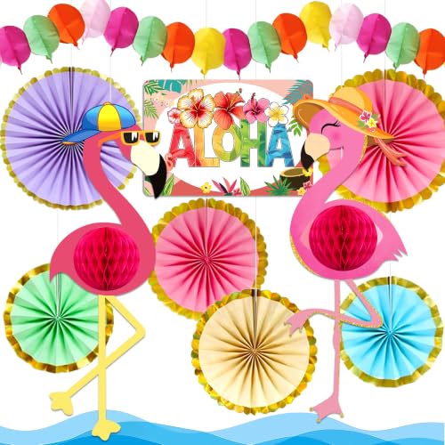 Décoration Aloha Premium,Flamants Roses, Éventails Dorés et Guirlandes pour Fête Hawaïenne, Anniversaire, Plage, Piscine et toutes les réceptions...