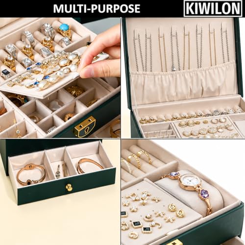 Image of PU Leather Jewelry Box Organizer for Women with Lock & Key, 2 Layer Jewellery Storage Case with Drawer, Ring Slots, Necklace Hooks & Earring Holder (Green)