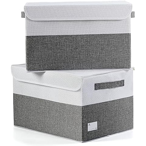 E-MANIS Large Foldable Storage Bin Storage Boxes with Lids,Fabric Storage Basket Cube Whit Handles for Organizing Shelf Nursery Home Closet & Office (2-Pack, Grey and White) Cover