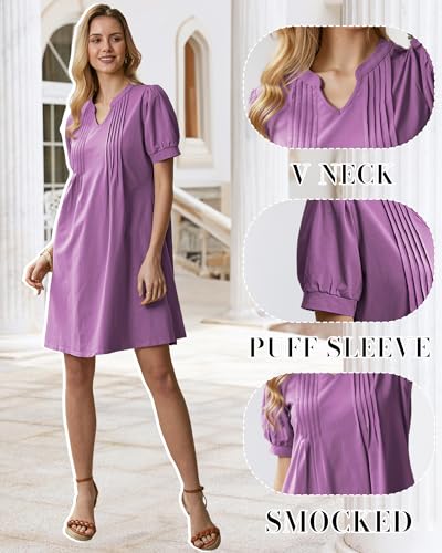 Image of Summer Dresses for Women 2025 Shift Dress V Neck Puff Short Sleeve T Shirt Dress Women's Casual Dresses Sundress