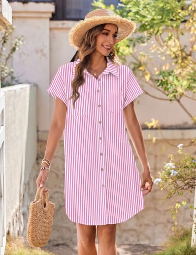 Image of Zeagoo Summer Dresses for Women 2026 Cotton Button Down Short Sleeve Tshirt Dresses Casual Mini Beach Dress
