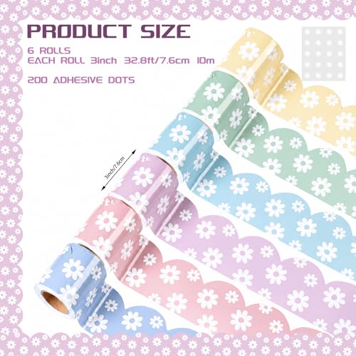 Image of Fuutreo 6 Roll 197 ft Pastel Daisy Flower Bulletin Board Borders Classroom Decoration Summer Daisy Scalloped Edge Border Trim Decor for Back to School Chalkboard Office Wall