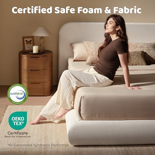 Image of RECCI Airframe Bread Queen Curved Cloud Platform Bed Frame | Fully Cushioned Foam Arched Panels and Soft Rounded Headboard, Easy to Assembly, Beige Chenille Fabric for Aesthetic Bedrooms