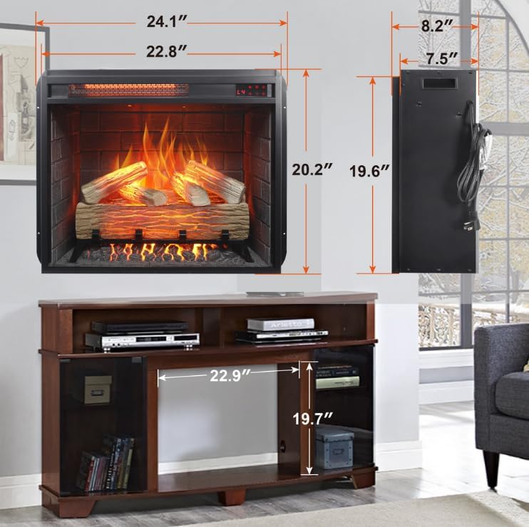 Diagram showing the dimensions of the 28-inch electric fireplace insert and recommended cabinet opening dimensions.
