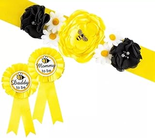 HAPPYLAND Baby Shower Decorations Yellow Sash for Baby Shower and Tinplate Badge Pin Mommy to Bee Yellow Maternity Sash Set Mommy to be Daddy to be Corsage Baby Shower Mommy Sash Pregnancy Baby Shower Belt Sash Keepsake