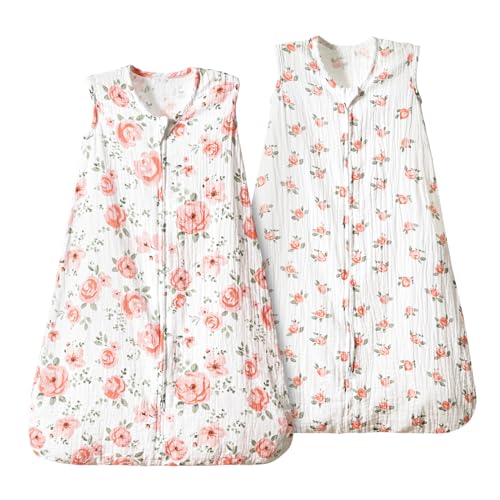 Image of PHF 100% Muslin Cotton Baby Sleep Sacks, 6-12 Months Sleep Sack with 2-Way Zipper, 2 Pack Cooling 0.5 TOG Breathable Medium Size Sleeveless Baby Wearable Blanket for Baby Girl, Floral