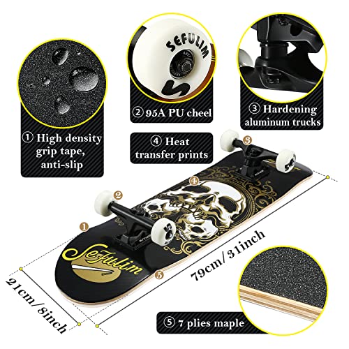 Image of 31 x 8 Inch Complete Skateboard 7 Layer Canadian Maple Double Kick Deck Concave Cruiser Trick Skateboard for Boys Girls Teens Adults Beginner