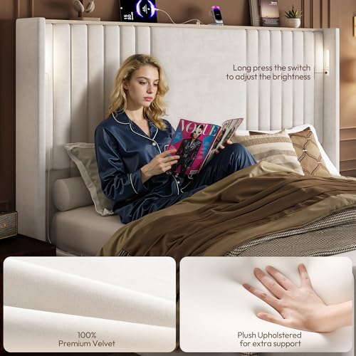 Image of Queen Bed Frame with 55.1 inch Tall Headboard, Velvet Upholstered Platform Bed with Channel Tufted Wingback, 2 Reading Lights /Storage Shelf /Charging Station /Easy Assembly /Noise-Free, Cream