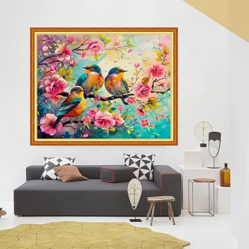 Image of Foxhool Stamped Cross Stitch Kits,11CT Printed Cross Stitch Pattern Full Embroidery Kits for Beginner Needlepoint Kits-Peach Blossom Bird 16x20 inch