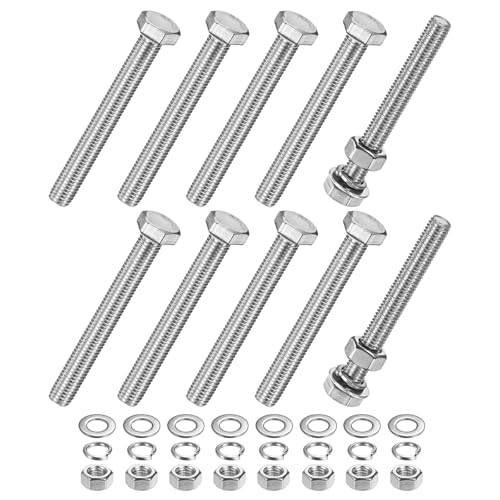 M METERXITY 10-Pack Hex Head Screw Bolt with Nuts Flat &amp; Lock Washers M10x90mm Stainless Steel Bolts and Nuts Kit Fully Threaded Metric Bolt Assortment for Equipment/Machinery