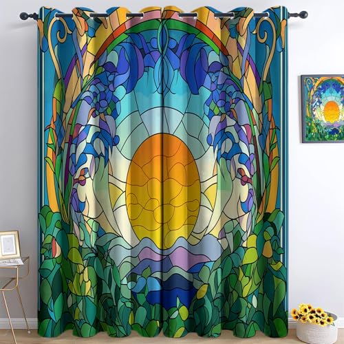 Sol con Patrón Natural De Dibujos Animados Cortinas Opacas Ojales Cortinas Cortina Anti Luz Opacas Cortinas Aislantes Termicas, para Salon Dormitorio, 2 Piezas, 91.5 x 214 cm, Azul