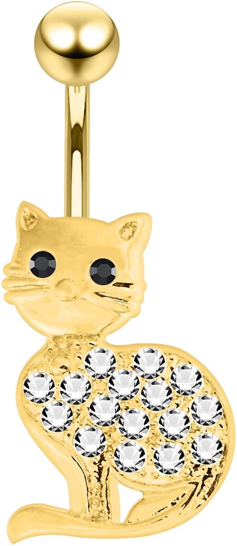 Multi Crystal Gemstones Fancy Lovely Cat Design 925 Sterling Silver with Stainless Steel Belly Ring - Belly Button jewelry - Navel jewelry