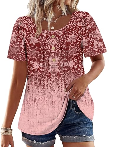 Image of Womens Tops Dressy Casual Blouses Short Sleeve Shirts Plus Size Fashion Clothing Spring Summer Outfits Button Pleated Front
