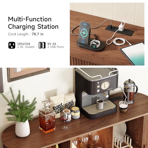 Image of ONBRILL 63 inch Wine Bar Cabinet with LED Light,Modern Liquor Whiskey Coffee Station with Wine Rack and Glass Holder, Farmhouse Buffet Sideboard with Storage for Living Room, Kitchen, Entryway (Walnut)