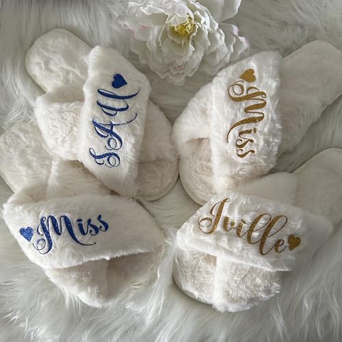 Customized Name Fluffy Slippers, Personalized Gifts for Women, Bridal Party Gifts, Gift Ideas for Mom, Girlfriend, Bridesmaid Slippers Gifts, Cute Gift for Her (Ivory L)4