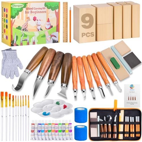 Olerqzer Deluxe Wood Carving Kit Whittling Kit, 54 PCS Wood Carving Tools Set with Carving Hook Knife,Whittling Knife,Painting Set and Basswood Blocks,Wood Carving Knives for Beginners Adults Kids