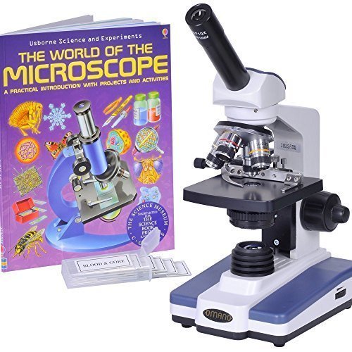 Omano OM118M4-XSP1 - 40X-1000X - Full Size - All Metal - Monocular Student Microscope - Illustrated Experiment Book - 5pc Prepared Slides