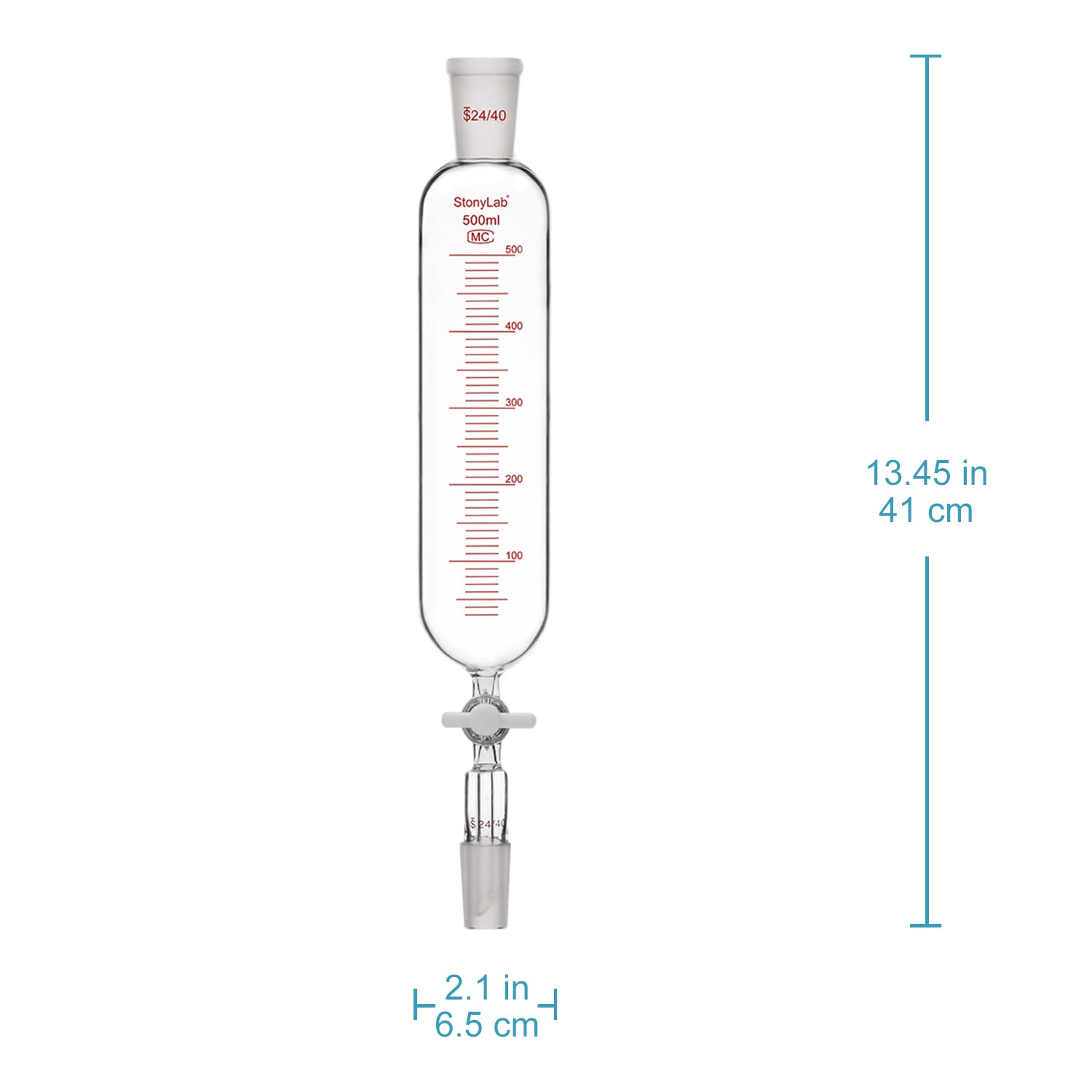 stonylab Embudo de adición, Embudo de Goteo Graduado de Vidrio de Borosilicato Junta 24/40 con Llave de Paso de PTFE para Laboratorio Embudo Adicional, 500 ml