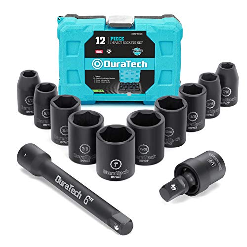 DURATECH 1/2 Inch Drive Impact Socket Set 12 Pieces, 3/8 Inch-1 Inch 10 Pieces SAE Sockets with Impact Swivel Adapter and 6-Inch Impact Extension Bar