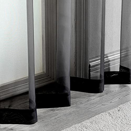 Image of OWENIE Black Sheer Kitchen Valance for Windows Set of 2, Small Modern Rod Pocket Voile Valance Curtain Window Treatment Decor for Living Room Bathroom Cafe Laundry Basement, 42 inch W x 14 inch L