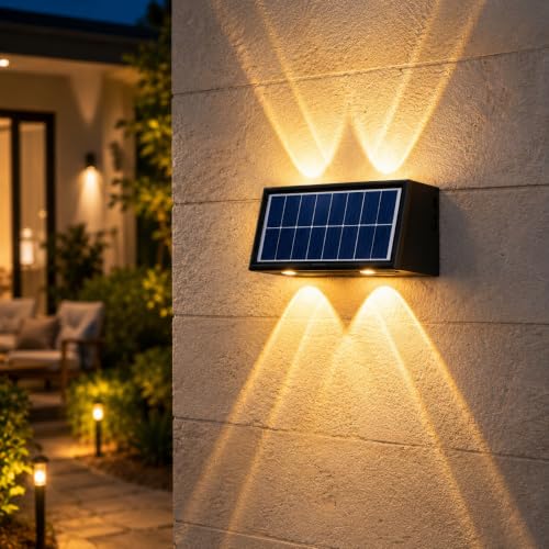 Image of PANCA 6W Solar Wall Lights Outdoor Waterproof IP65, Warm White Up Down LED Wall Lamp with 1200mAh Battery, Auto On /Off Dusk to Dawn Solar Light for Garden Fence Gate Patio Balcony Pathway