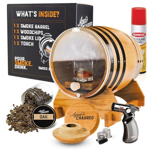 Smoke Barrel Cocktail Smoker Kit - Complete Kit with Smoke Lid, Torch, Wood Chips & Butane - Whiskey Gifts for Men - Infuse Multiple Cocktails at Once - Smoke Whiskey, Bourbon, Cheese, Meats & More