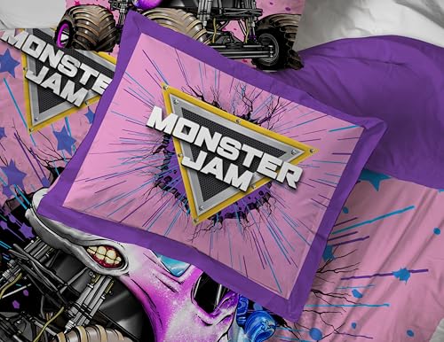 Image of Monster Jam Twin Comforter Set 5 Piece Kids Bedding for Girls, Pink | Sparkle Smash, Bed in a Bag, Comforter Sheets Sham Pillowcase, Soft Microfiber, Machine Washable, Girls Gift