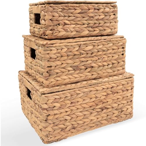 Wicker Storage Basket with Lid 3 pack Shelf Basket with Decorative Cover Hand-Woven Rattan Baskets for Organizing Storage and Organizer Baskets