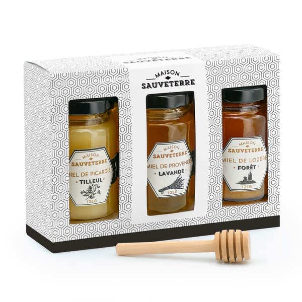 Coffret cadeau 3 miels de France et cuillère à miel - Coffret cadeau 3x125g