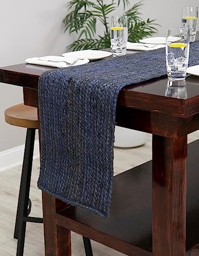 Image of Unique Loom Braided Jute Collection Area Rug - Dhaka (1' 2 inch x 8' Table Runner, Navy Blue)