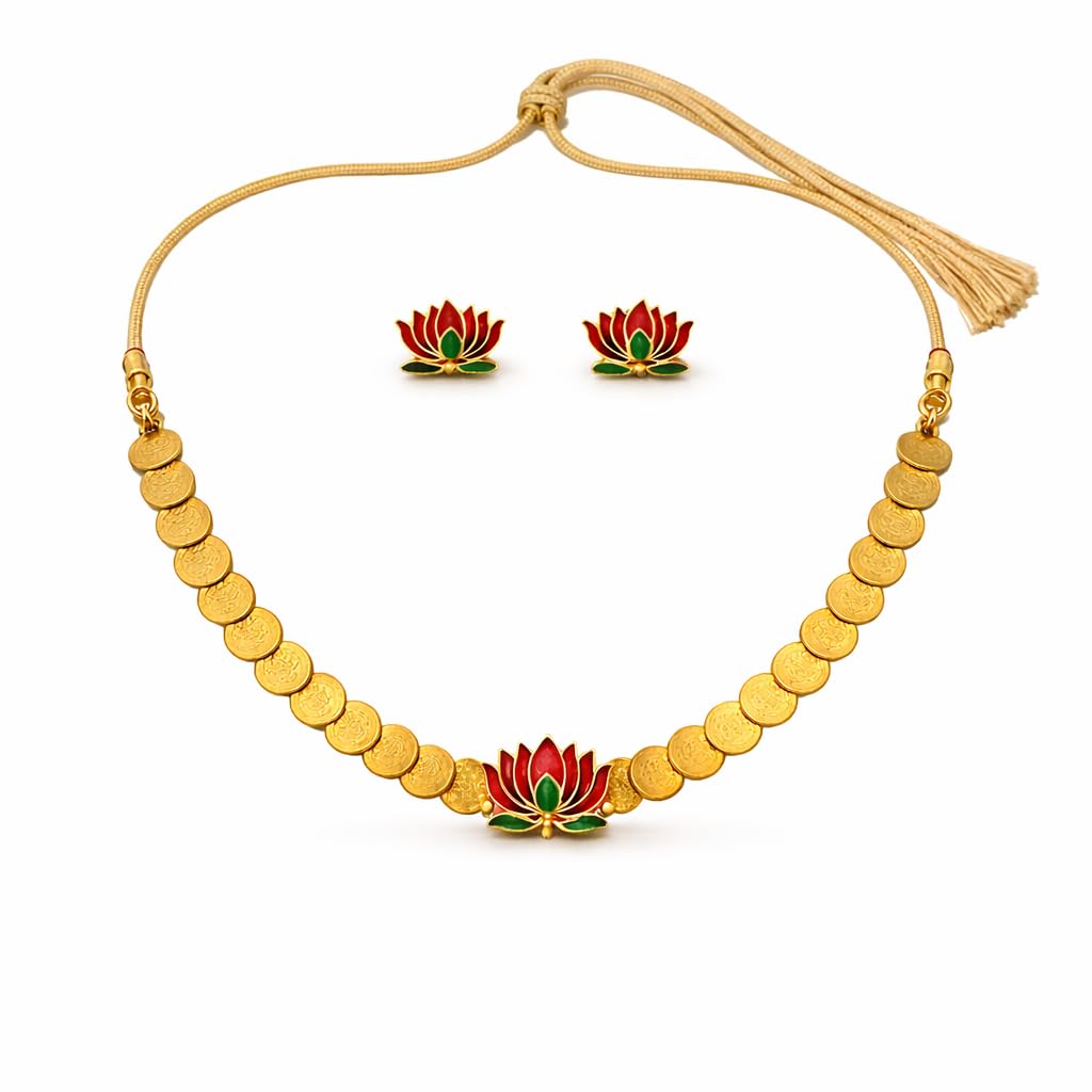 Gold Plated Lotus Coin Necklace Set for Women | Temple Jewellery Short Haram with Matching Earrings | Red Green Enamel Traditional South Indian Bridal Jewellery for Wedding, Festival Set-image-5