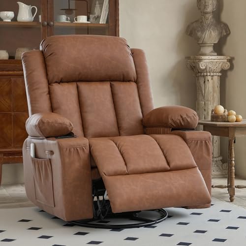 Image of Rocker Recliner Chair with Heat and Massage,360Swivel Nursery Recliner Chair for Adults,Oversized Recliner Single Sofa Seat with 2 Cup Holders and Side Pocket (Brown)