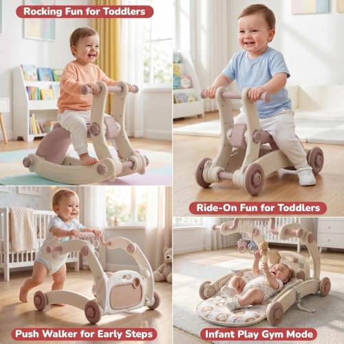 Image of Baybee 8 in 1 Rocker for Babies with Music Toy Bar, Soft Fabric, Food Tray, Tool Free Installation | Multi-Function Push Walker, Ride-On, Play Gym & Rocking Chair | Baby Bouncers & Rockers for 0-3 Years (Beige & Purple)