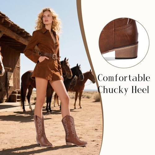LingxiaUne Women’s Western Cowboy Boots – Intricate White Stitching Mid - Calf Boots with Wooden Heel3