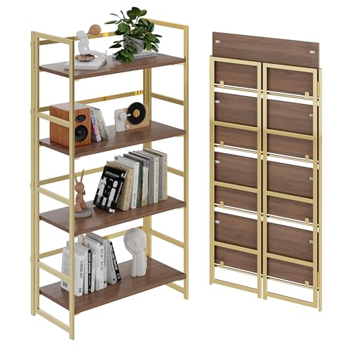 BHG Vintage Multifunctional Folding Bookshelf,4 Tier No-Assembly Plant Stand Storage Rack Shelves for Home Office (Brown&Gold, 4-Tier) 4-tier Brown&gold