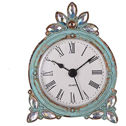 NIKKY HOME Vintage Pewter Small Quartz Table Clock with Crystal Shining Rhinestone 7.2 x 10 x 3.5 CM, Aqua Cover