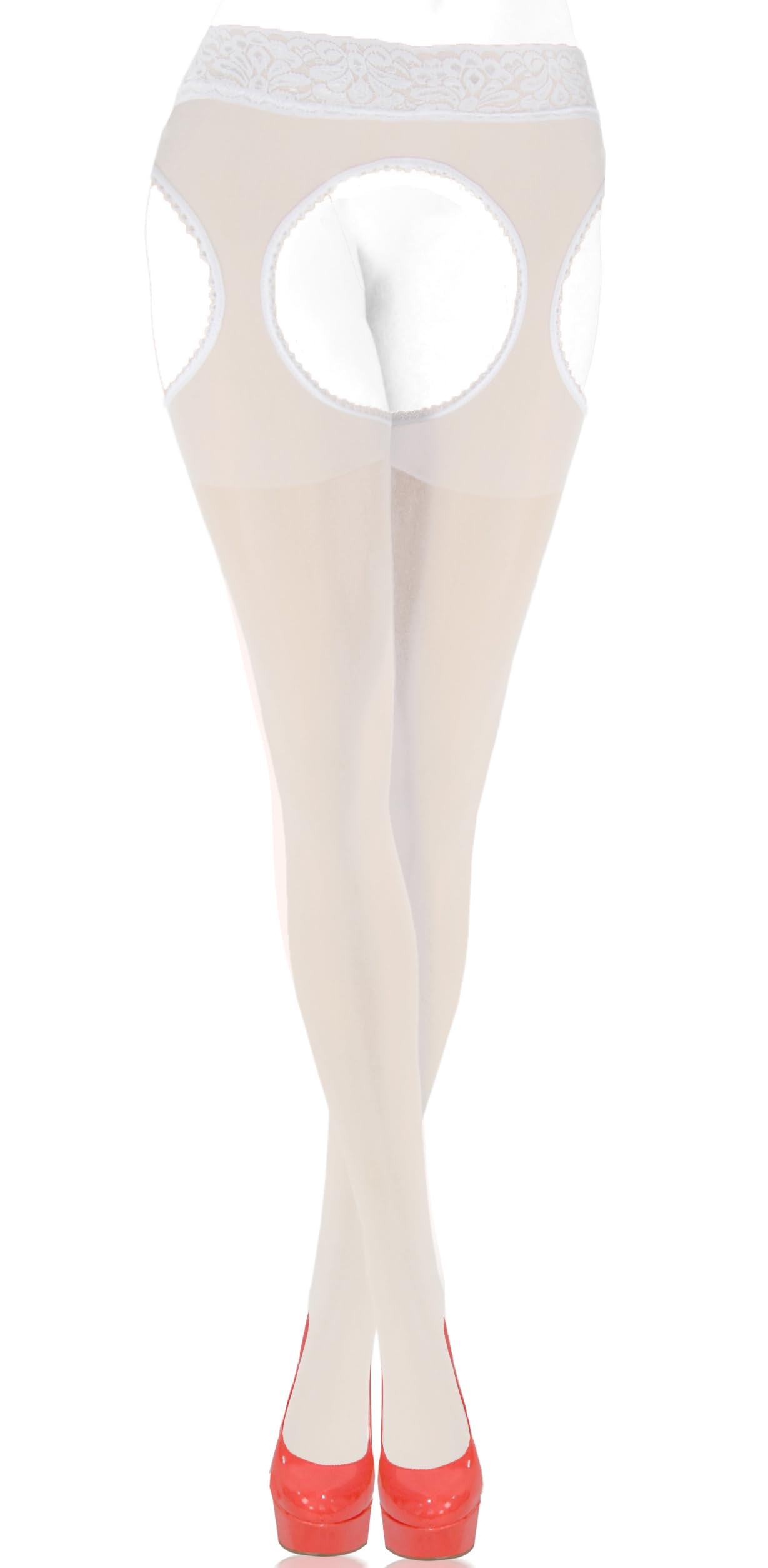 Sesto Senso Women's White Sexy Suspender Stockings 15 Den Strip Panty Lace Garter Belt Mock Tights Xl