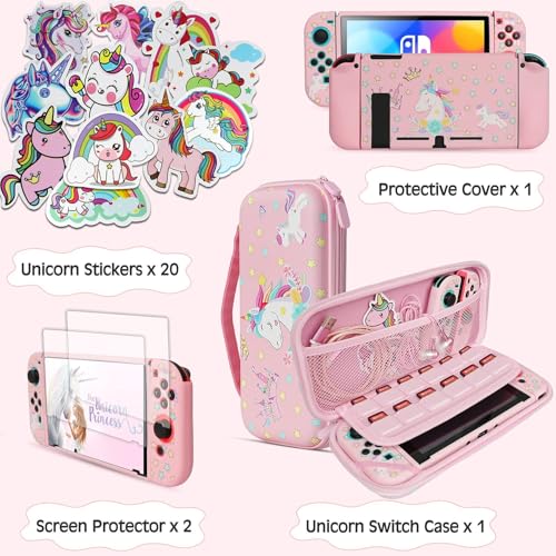 Image of Pink Unicorn Carrying Case Compatible with Nintendo Switch (Not OLED or Lite) with Dockable Protective Grip Case +Screen Protector +Unicorn Stickers, Hard Storage Case Accessories Kit Bundle for Girls