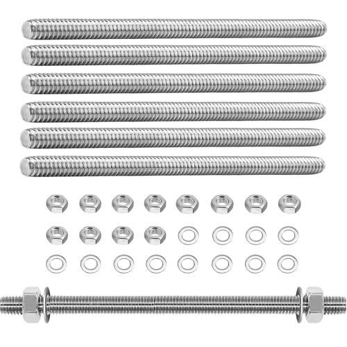 6 Stück Gewindestange M8 x 200 mm Voll Gewindestange 304 Edelstahl Vollgewindestange M8 mit 12 Sechskantmuttern und 12 Unterlegscheiben DIN 975 Gewindestab für Klemmen Aufhänger und U-Bügel