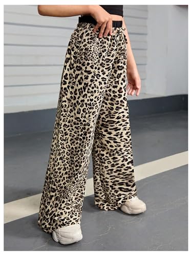 Image of Floerns Girl's Leopard Print Patched Drawstring Waist Wide Leg Y2k Pants