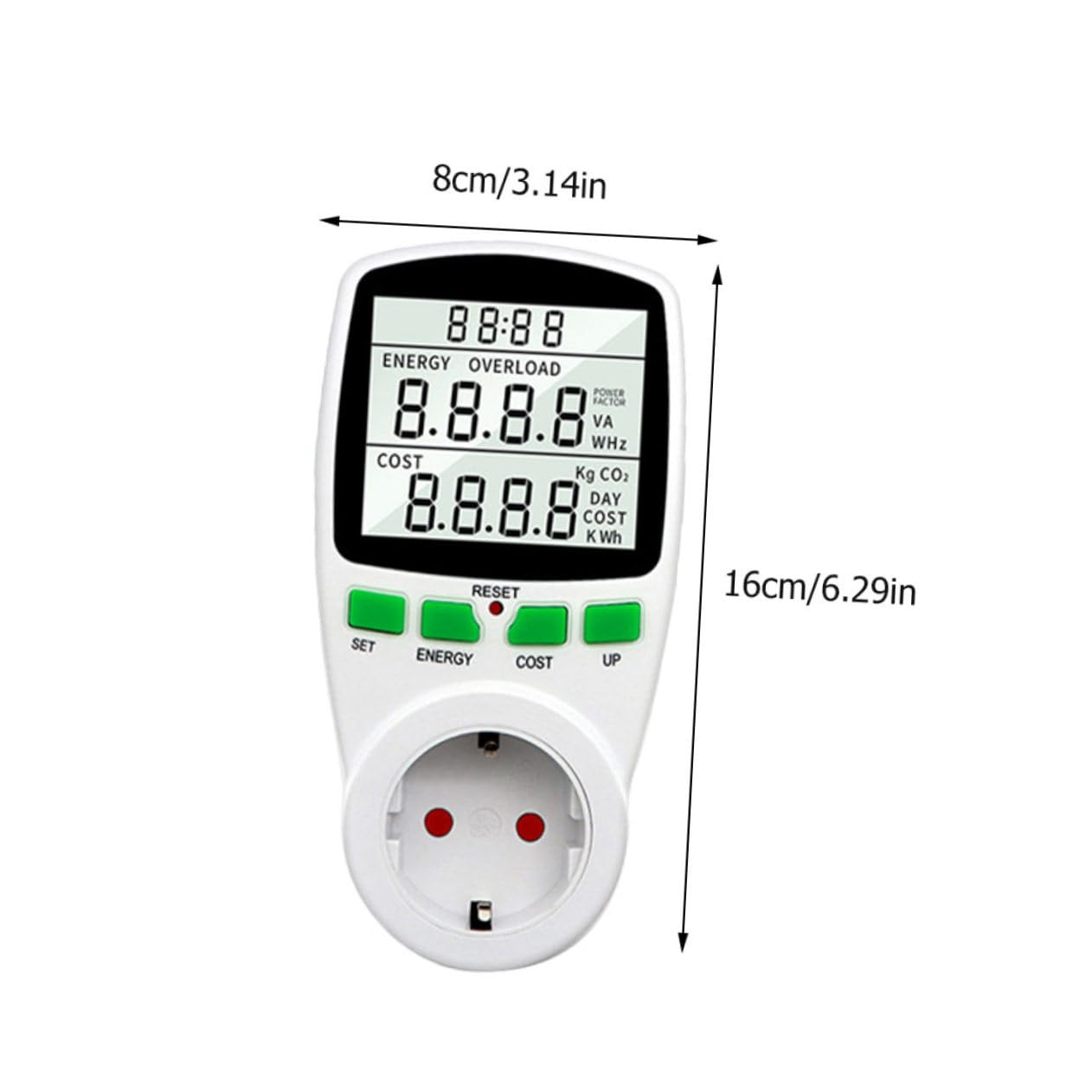 Misuratore di Consumo Elettrico Digitale da Presa Ac230v 16a | Lcd Retroilluminato Grande, Misura Energia, Ampere e Fattore di Potenza, Memoria Min/max e Costo