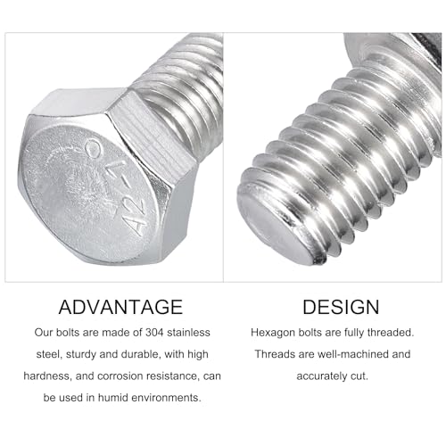 Image of METALLIXITY Hex Bolts (M12-1.75x20mm) 5Pcs, 304 Stainless Steel Coarse Fully Threaded Hex Head Screw Bolt Machine Screws - for Furniture Repair, Silver