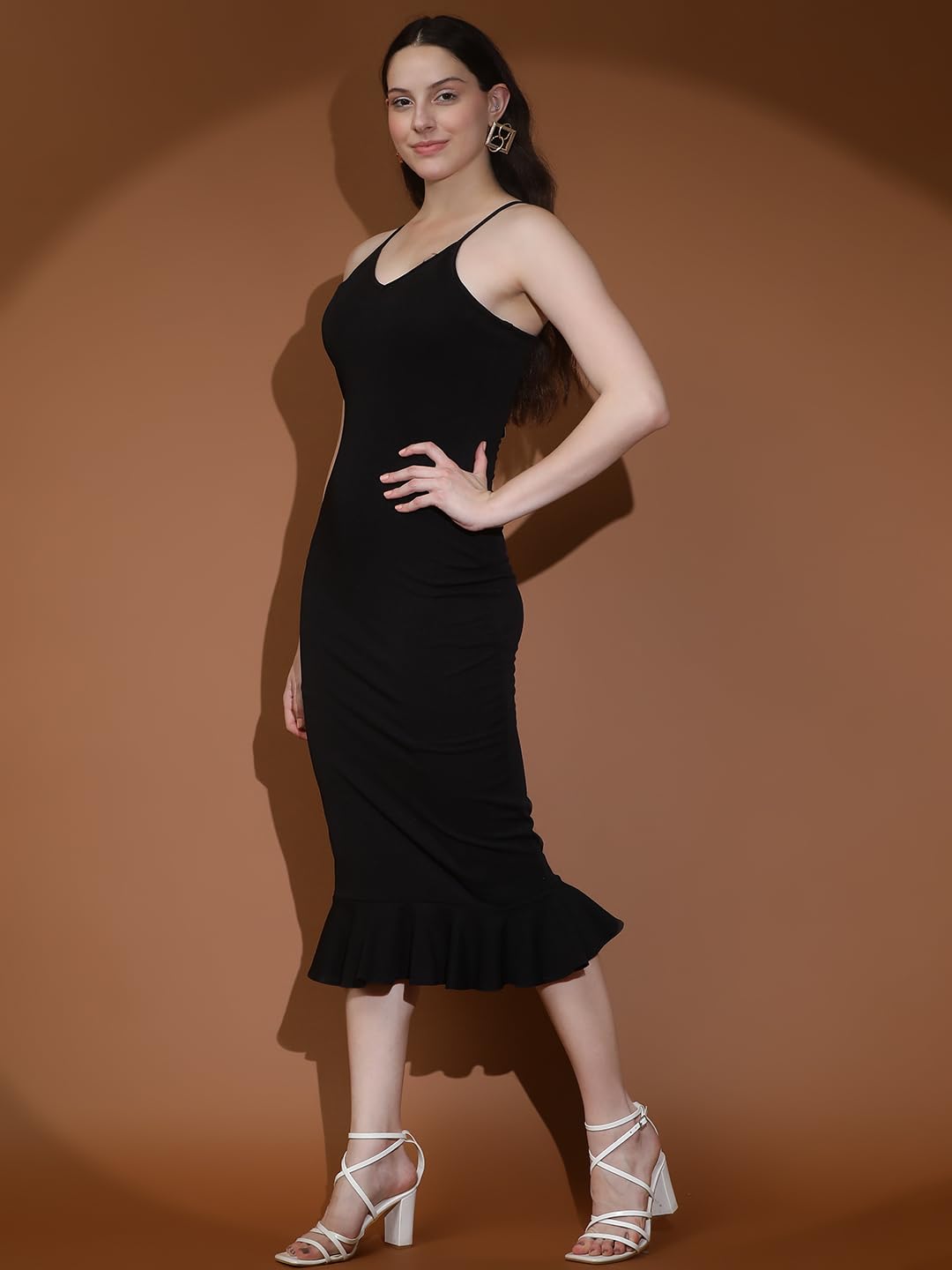 Kotty Women's Shoulder Straps Bodycon Midi Dress(Black,L)