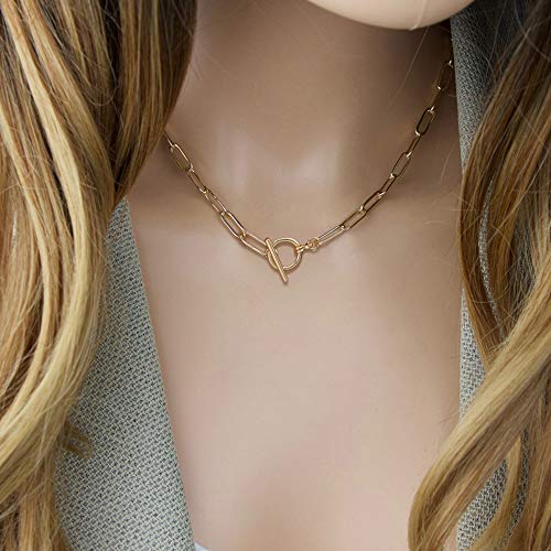 Turandoss Gold Paperclip Chain Necklace for Women, 14K Gold Plated Dainty Paperclip Link Chain Necklace Medallion Evil Eye Star Lightning Heart Butterfly Oval Link Paperclip Chain Necklaces for Women4