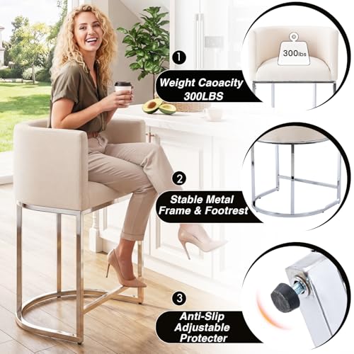 Image of HNY Modern Counter Height Linen Fabric Upholstered Counter Stool, 29 Inch Cream Kitchen Island Stool with Chrome Finish Metal Frame