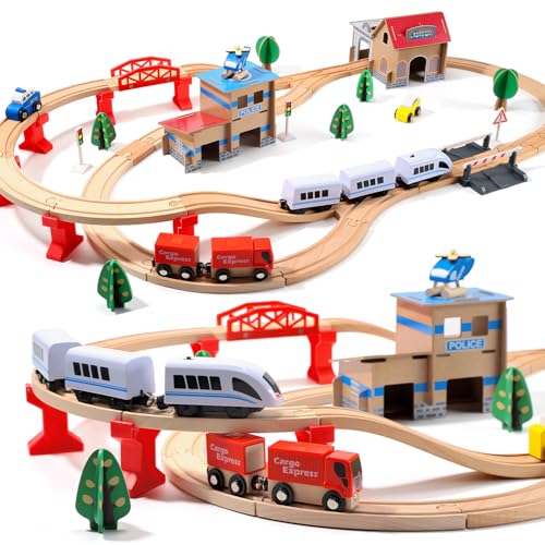 Electric Toddler Wooden Train Set Toy, 88 PCS Train Track Toys for 3 4 5 Years Old Kids, Great Gift for Kids, Boys and Girls by HOLYFUN - Used condition - CA$38.49