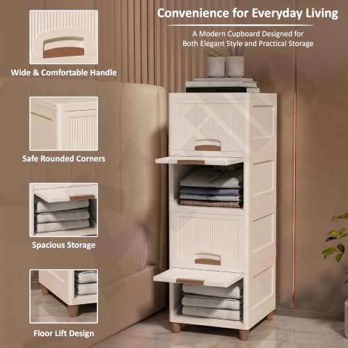 Image of Foldable Plastic Wardrobe Organizer for Clothes | 4 Tier Stackable Storage Cabinet | Multipurpose Closet Organizer for Bedroom Living Room | Space Saving Plastic Cupboard Rack (Ivory)