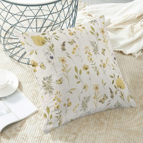 Image of Spring Pillow Covers 20x20 Inch Set of 2, Mustard Yellow Green Wild Flower Throw Pillows Case,Colorful Seasonal Floral Plant Outdoor Decorative Farmhouse Decor Cushion Covers for Sofa Bed Couch
