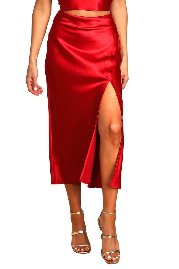 Women's Satin Midi Skirt with Side Slit, Red, Elegant-image-11